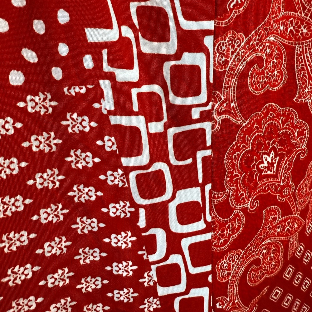 Geometric Patchwork Stretch NYCC Red White Midi Skirt Large Boho Floral Retro - Picture 3 of 5